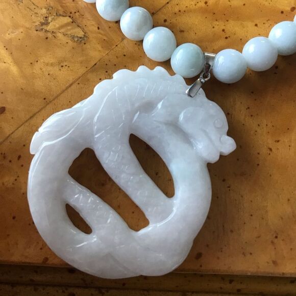Natural Jade Sterling Silver Dragon Necklace - Picture 2 of 10
